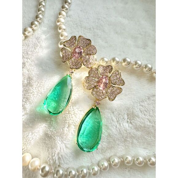 Mint green and light pink teardrop flower cubic zirconia dangle earrings ￼ - Picture 8 of 11
